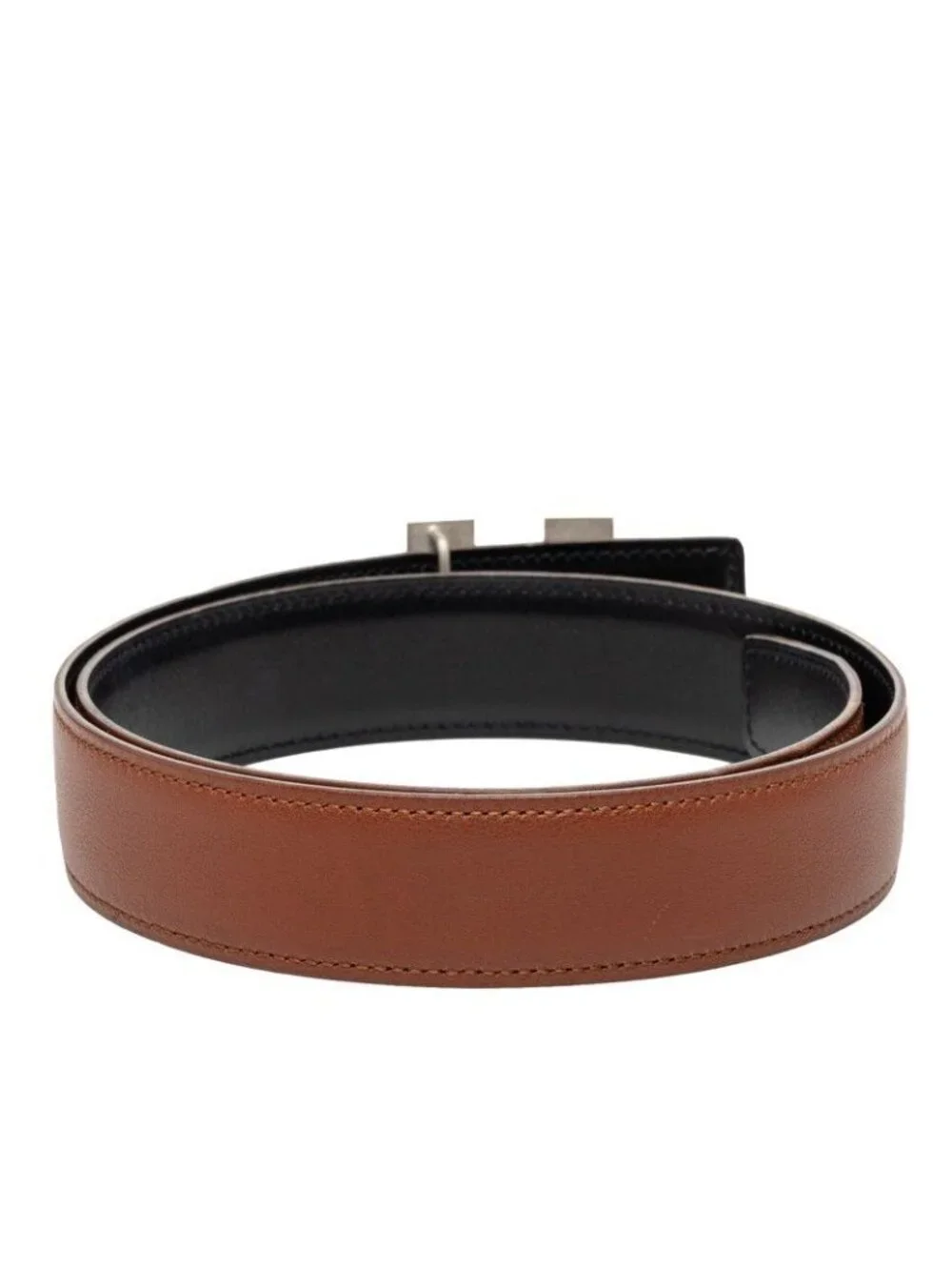 Hermes Reversible Buckle Belt 72 Brown Black Silver Leather Metal